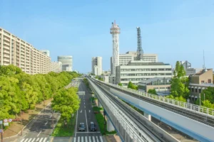 Sky railway in Japan with buildings as background