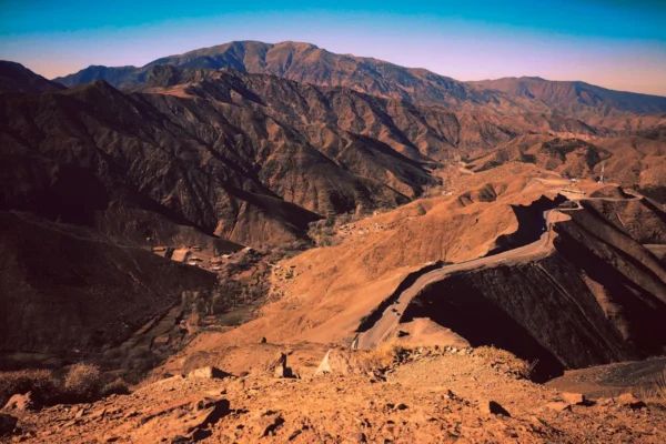 Eagleye view on a road pass through Atlas mountains