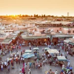 Marrakech biggest market in Morocco. Jama el Fna traditional market and Marrakech city symbol