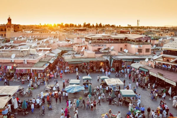 Marrakech biggest market in Morocco. Jama el Fna traditional market and Marrakech city symbol